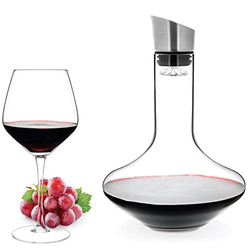 Luxbe - Wine Decanter 50-ounce with Aerator Pourer Lid - 2 in 1-100% Hand Blown Lead-free Crystal Glass, Red Wine Carafe - Descanter with Stainless Steel Lid-Aerator, Filter, Pourer