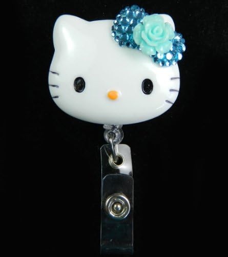 LOVEKITTY 3D Hello Cutie Blinged Out Bow Kitty Inspired Rhinestone Retractable Badge Reel/Name Badges/ID Badge Holder (Blue Bow Rose Flower)
