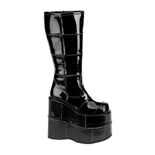 Demonia Stack-301 7 Inch Platform Patched Black Pat Knee Boot Size 13