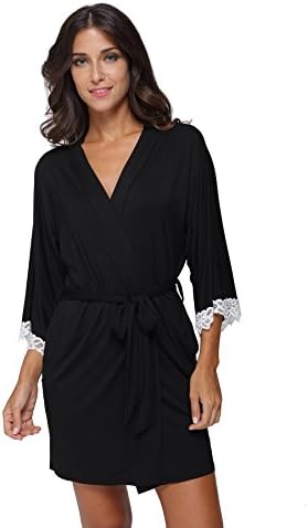 The Bund Women's Kimono Robe Soft Short Modal Cotton Bathrobe for Bride and Bridesmaid with Lace Trim