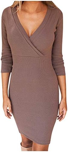 Lazapa Women Cross V-Neck Long-Sleeve High-Elastic Waist Bodycon Dress Pocket Daily Casual Work Dresses