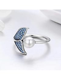 Anillos abiertos de compromiso de plata de ley con perla de sirena ajustable para mujer de Presentski