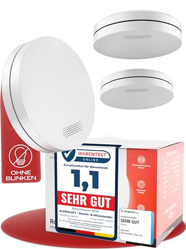 ALPENLUFT Rauchmelder 10 Jahre Batterie, Feuermelder Flach, Rauchwarnmelder, Brandmelder, | Ohne Bohren, Ohne LED Blinken - Rauch Brandschutz Brandmel