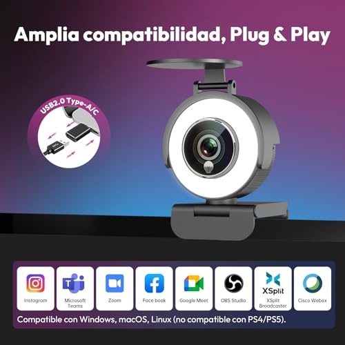 Angetube Webcam 4K con micrófono - Luz Circular integrada, Enfoque automático PDAF,Interfaz USB-A/C Plug and Play,Ideal para Streaming,videollamadas y reuniones,Compatible con PC,portátil,Mac/Windows
