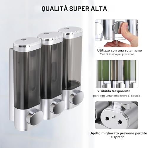 Soap Dispenser Set of 3 - Wall Mounted - No Drilling - Even Liquid Distribution - Anti-Leak - Suitable for Shampoo, Shower Gel, Liquid Soap, Conditioner, Silver