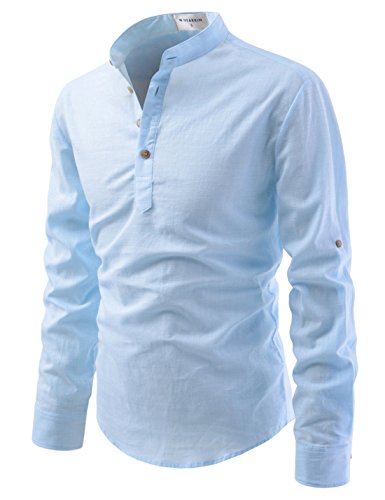 NEARKIN (NKNKN350 Beloved Men Henley Neck Long Sleeve Daily Look Linen Shirts Sky US M(Tag Size M) - Thumbnail 3