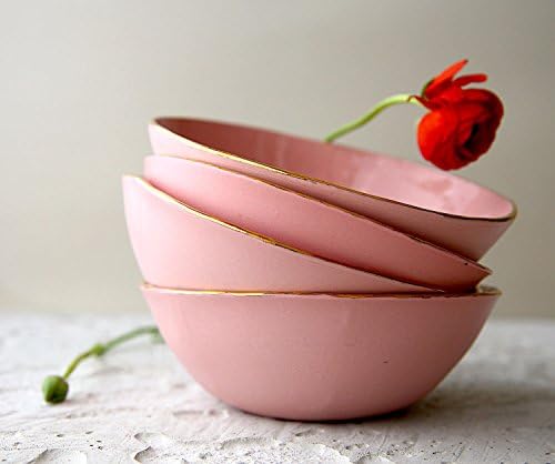 14K gold rimmed modern pink porcelain small bowl for soup, cereal, salad or dessert serving by SinD studio