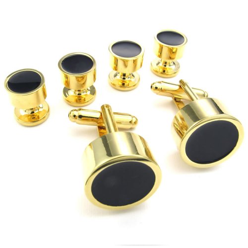 KONOV Mens Rounded 2pcs Shirts Cufflinks and 4pcs Studs Set, Color Gold Black