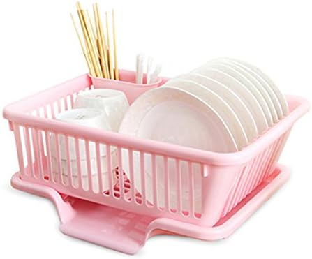 Kitchen 3-piece Dish Rack Storage Drain Chopsticks Shelving Plastic Plate Dishes Basket Shelves (Pink1, S:17.5"x9.4"x7.1")