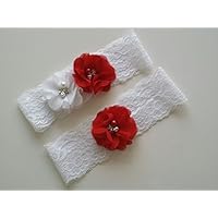 The Crafty Owl Wedding/Valentine/Birthdays White and Red Chiffon Flower Lace Garter Set - 2pcs