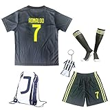 GamesDur 2018/2019 Cristiano Ronaldo #7 Third Black Soccer Kids Jersey & Short & Sock & Soccer Bag Youth Sizes (13-14 Years)