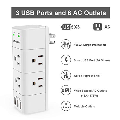 Surge Protector Wall Mount , Outlet Splitter with Rotating Plug, POWERIVER Power Strip with 6 Outlet Extender (3 Side… - Image 3