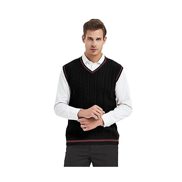 TOPTIE Men's V-Neck Cotton Twist Knit Sweater Vest Green and Red Trim