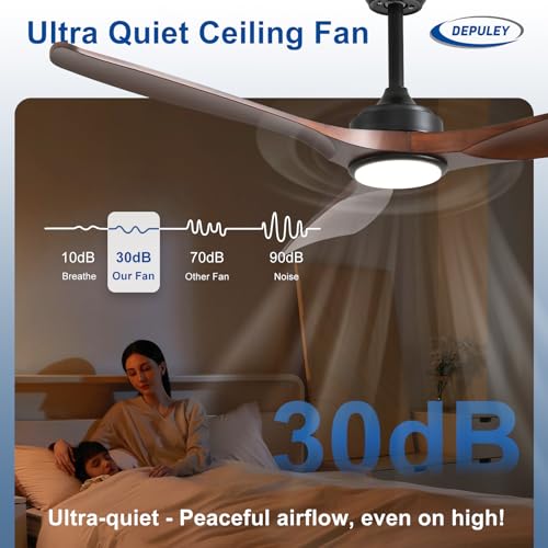 Depuley Ceiling Fan with Modern Light: 52 Inch Outdoor Fan with APP Remote for Patio - Walnut 3 Blade Fan Indoor