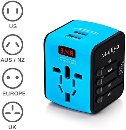 Mailiya International Travel Power Adapter All-in-one Universal Travel Adapter With 2.4A Dual USB Charger/LED Display &amp; Worldwide AC Wall Outlet Plugs for UK, US, AU, EU, Asia - Included Travel Pouch