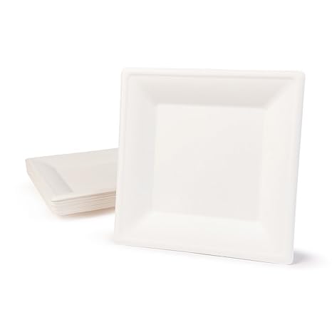 BIOZOYG Umweltverträgliches Bagasse Geschirr Einweg | 50 Stück Zuckerrohr Teller weiß eckig Gebleicht 26x26 cm | Bio Einwegge