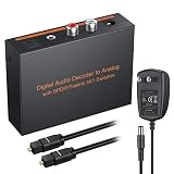 eSynic Digital to Analog Audio Decoder 3 Port Optical SPDIF Toslink to L/R RCA 3.5mm Stereo Audio Toslink Optical Switcher Splitter with 6.5ft OD 4.0 Cable Power Adapter Support DTS Dolby-AC3 2.0 LPCM