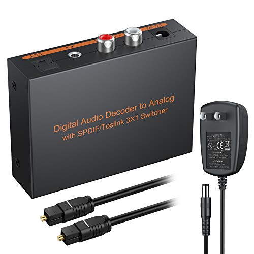 eSynic Digital to Analog Audio Decoder 3 Port Optical SPDIF Toslink to L/R RCA 3.5mm Stereo Audio Toslink Optical Switcher Splitter with 6.5ft OD 4.0 Cable Power Adapter Support DTS Dolby-AC3 2.0 LPCM