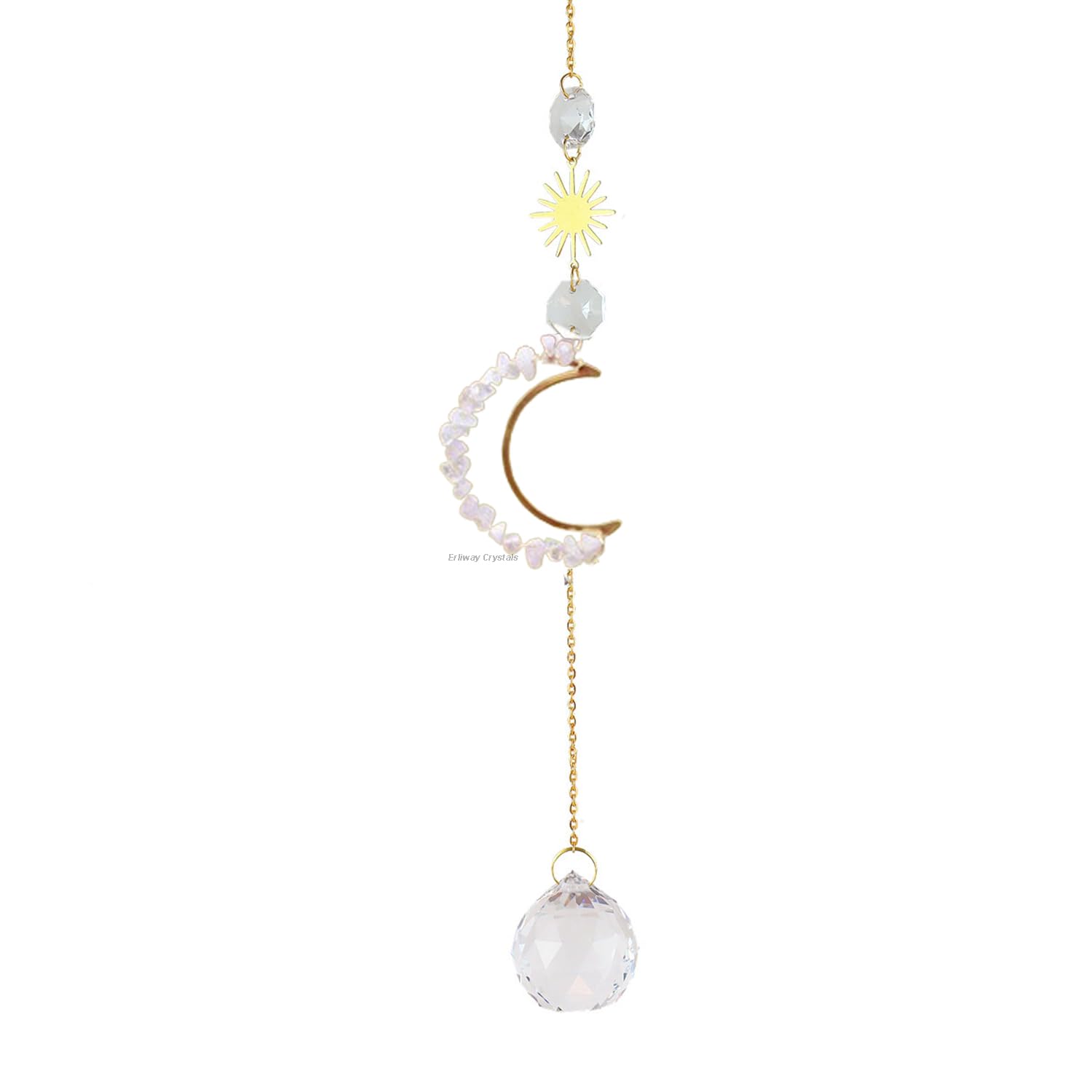 Erliway Natural Rose Quartz Crystal Moon Suncatchers for Window, 13-13.8'' Length Crystal Wind Chime Octagonal Bead Pendant, Healing Crystals Dream Catcher Ornament for Home Garden Decor