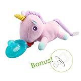 Hombae Baby Pacifier Holder Stuffed Animal for Baby Girls :: Infant Soothie Pacifier and Teether Holder with Clip + Velcro Plush Toy :: Plus 2 Pacifiers, BPA-Free, Pink Unicorn