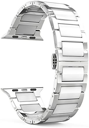 Ceramic Smart Watch Band, SOWELL Ceramic Bracelet Replacement Wrist Band with Metal Clasp for Apple Watch Series 3 Series 2 Series 1 (42MM Silver + White)