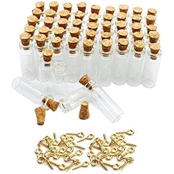 JKLcom 1ML Small Mini Tall Clear Glass Bottles/Jars with Corks Stoppers for Arts & Crafts, Projects, Decoration, Party Favors+ 50 Pcs Gold Metal Eye Hook Pin Screws ,50 Pcs