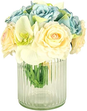 Fresh home, Artificial Flowers with Vase, Flower Arrangements, Green Phalaenopsis Rose with Round Glass Vase, for Home Decor, Fake Flower in vase