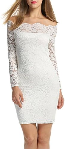 Nacy Scallop Off Shoulder Long Sleeve Sheer Floral Lace Twin Set Sheath Dress( Medium, White)