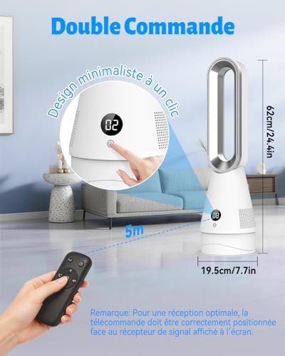 2026 Bladeless Fan, Column Fan with Remote Control, 8 Speeds Silent Bedroom Fan and 2 Modes, 90° + 30° Oscillation, 9H Timer, LED Screen, Tower Fan for Living Room & Office