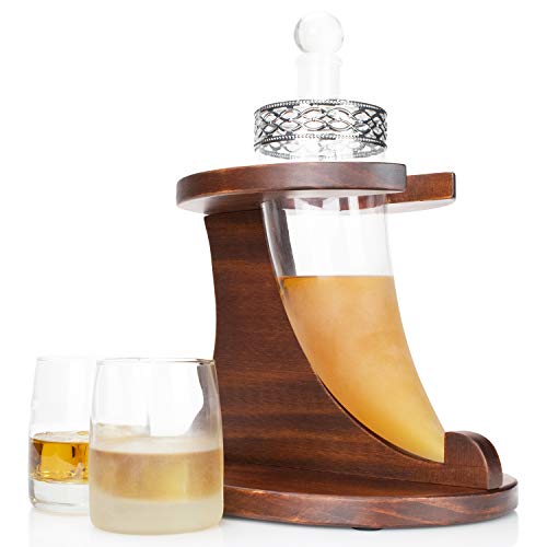 Viking Horn Whiskey Decanter Set - Atterstone 4-Piece Bar Includes a 9.66” x 3.73” Viking Horn Liquor Decanter, 2 Glasses, and Wooden Stand Base - Thumbnail 6