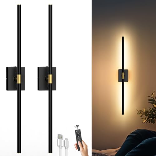 iThird Battery Operated Wall Sconces Set of 2, 10000mAh, Remote, Black | Rechargeable design, 360° rotation and 31.5-inch wireless lighting for TV wall, mirror, bedroom or living room decor