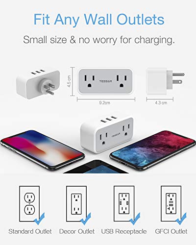 Multi Plug Outlet Extender with USB, TESSAN 2-Pack Outlet Splitter Electrical Double Plug with 3 USB Wall Charger, Mini… - Image 3
