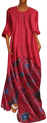 Farmerl Women Vintage Retro Printed Fake Two-Piece Long Sleeves O-Neck Maxi Dresses