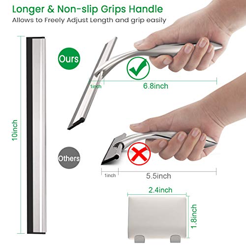 LPOLER Shower Squeegee, All-Purpose Stainless Steel Shower Cleaner for Shower Doors, Bathroom, Window, Mirror and Car Glass, Longer Handle with Hook and Screwdriver (Silver, 10 Inches)