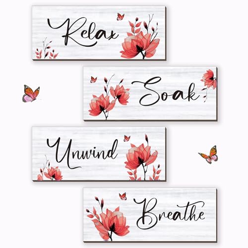 ONIZHITY Set of 4 Red Bathroom Decor With Red Flower Wall Decor Inspire Relax Soak Unwind Breathe Rustic Farmhouse Wooden Wall Art Ideal for Bedroom Office Living Room Kitchen Decoration (Red 10x4)