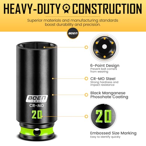 BOEN Pro 80-Piece 1/2" & 3/8" Drive Impact Socket Set, 6 Point, Professional Metric Deep & Shallow Sockets (8-32mm), Cr-Mo, Includes 1/2" Drive 90-Tooth Ratchet Handle for High-Torque Applications