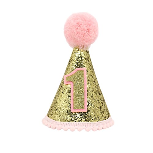 Gold Glitter Sparkle Princess 1st Birthday Cone Hat with Adjustable Headband for Baby Girl Party Supplies(Pink) - Thumbnail 7