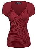 Zeagoo Womens Cross-front V Neck Ruched Cap Sleeve Blouse Wine Red X-Large