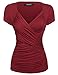 Zeagoo Womens Cross-front V Neck Ruched Cap Sleeve Blouse Wine Red X-Large