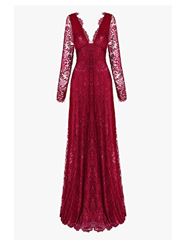 Yomoko Women's Sexy Deep V Neck Lace Evening Dress Long Sleeve Wedding Prom Ball Gown (Medium, Wine Red)