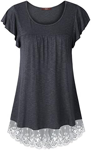 Gaharu Women's Short Sleeve Scoop Neck Shirt Pleats Lace Flowy Tunic Tops