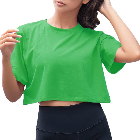 ARTFISH WOMEN SHORT SLEEVE CREWNECK COMFY LOOSE CROP TOP TEEN T-SHIRT WORKOUT KELLY GREEN, M