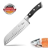 Santoku Knife Kitchen Knife Japanese Chef Knife Sushi Knife 7 Inch Hollow Edge Forged Blade German HC Stainless Steel with Ergonomic Handle for Home and Restaurant (Black)