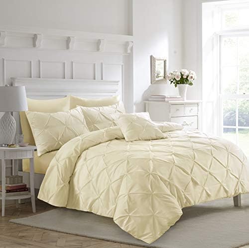 Fixtex Cream/Ivory Pinch Pleat Pintuck Duvet Cover Set with Pillow Cases Includes Complementary Cushion Cover – Single/Double/King/Super King (Cream/Ivory, King)