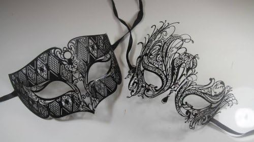 Masquerade Couples Venetian Elegant Design Impression Masks - 2 Piece Black Colored Set by VentianMasks