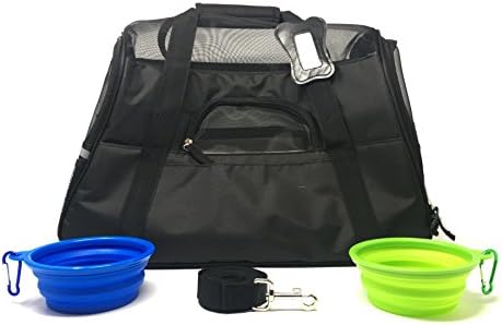 Travel Bundle - Airline Approved Soft Sided Pet Carrier Travel Bag with Collapsible Silicone Bowls (Set of 2) + FREE Leash