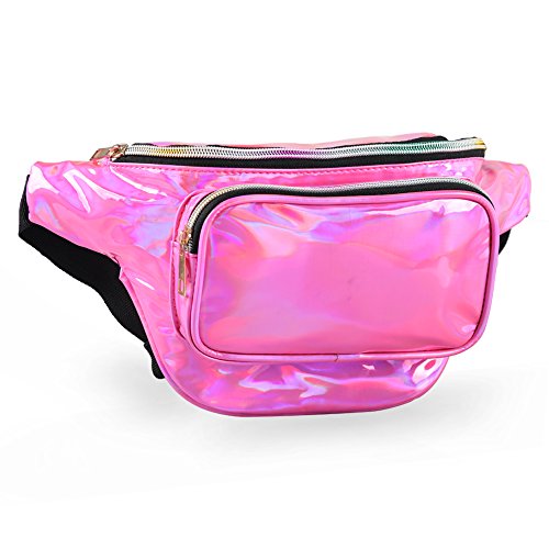 MUM'S MEMORY Metallic Hologram Fanny Pack â€“ Outdoor Sport Waist Pack for Running, Hiking, Traveling for Women and Men (Rose Red)