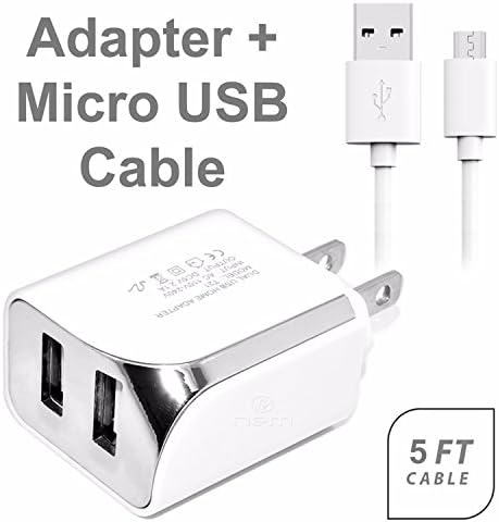 CAT B25 Accessory Kit, 2 in 1 Rapid Charging 2.1 Amp Dual USB Wall Charger Adapter + 5 Feet Fast Micro USB Data Sync Cable WHITE