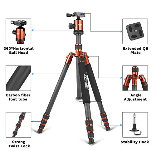 ZoMei Carbon Fiber Tripod,Camera Tripod for dslr,66.5" Camera Tripod Monopod with 360 Degree Ball Head,Load up to 33 pounds (orange)