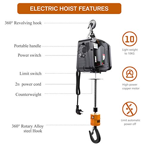 NEWTRY 1100lbs Electric Hoist Winch with Wireless Remote Control 110/120 Volt Portable Power Electric Hoist 16ft/min - Image 3